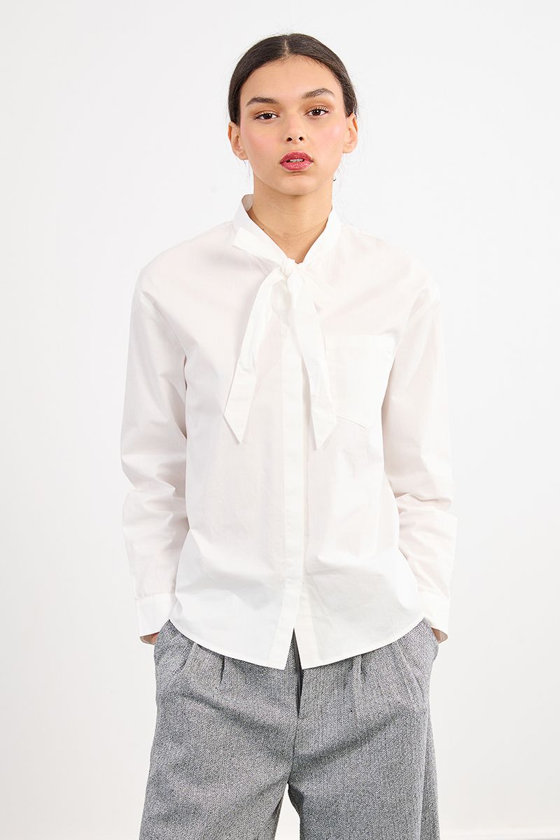 Long Sleeve Button Up Blouse with Bow Detail in white by Molly Bracken