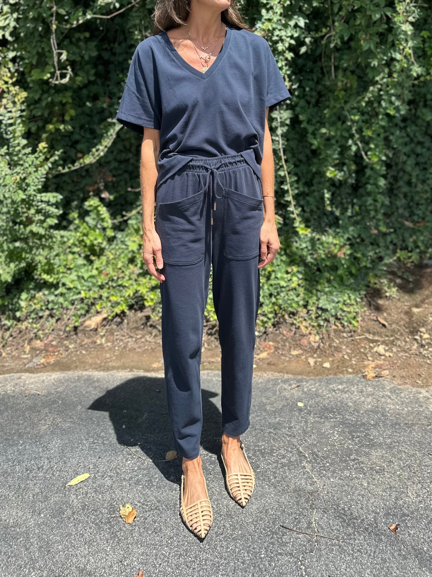Short Sleeve V-Neck Dolman Tee in navy by Lilla P