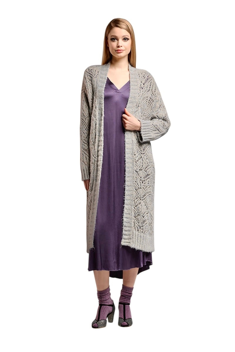 Open Weave Duster Cardigan in grey/gold by B-YU