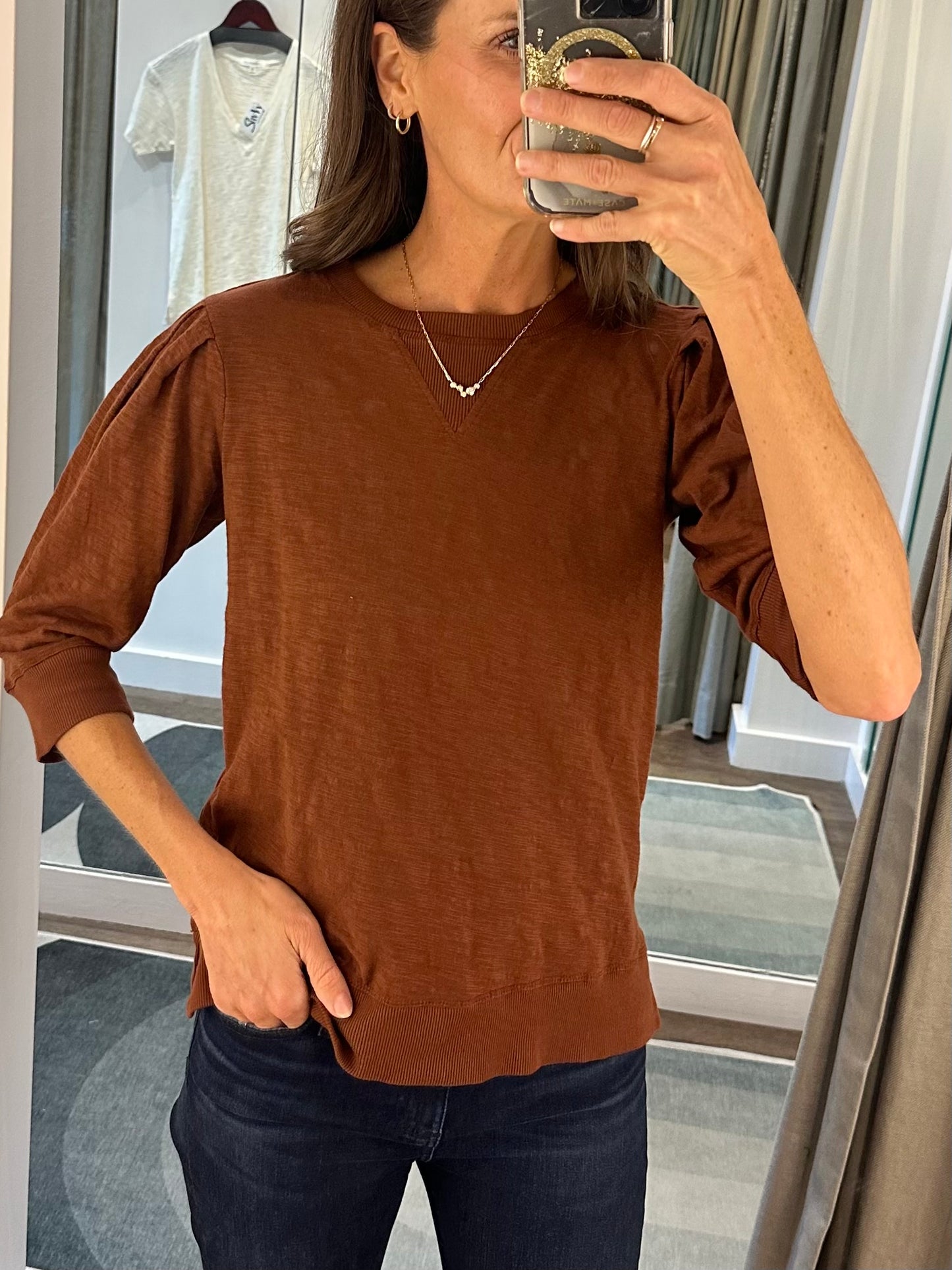 3/4 Pleated Sleeve Pullover Tee in maple syrup by Mododoc