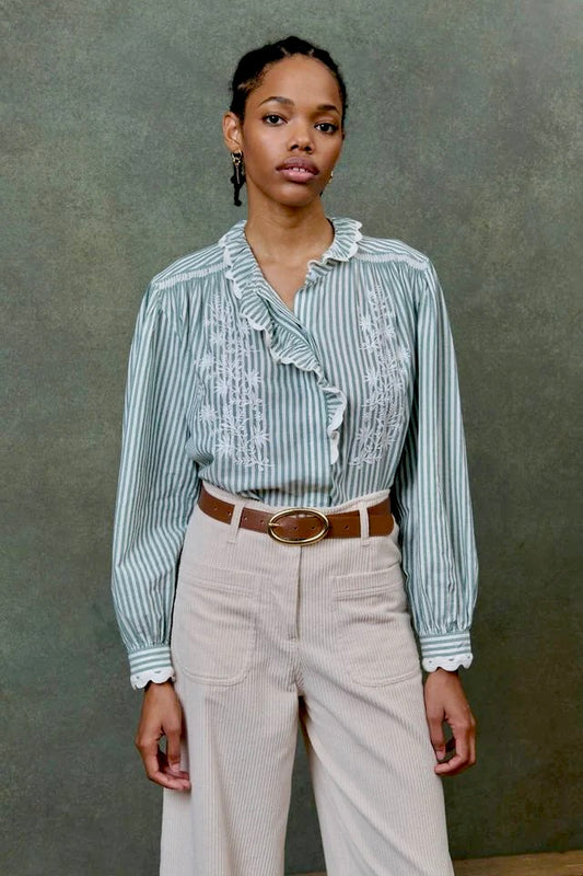 Cora Embroidered Blouse in almond stripes by Louise Misha