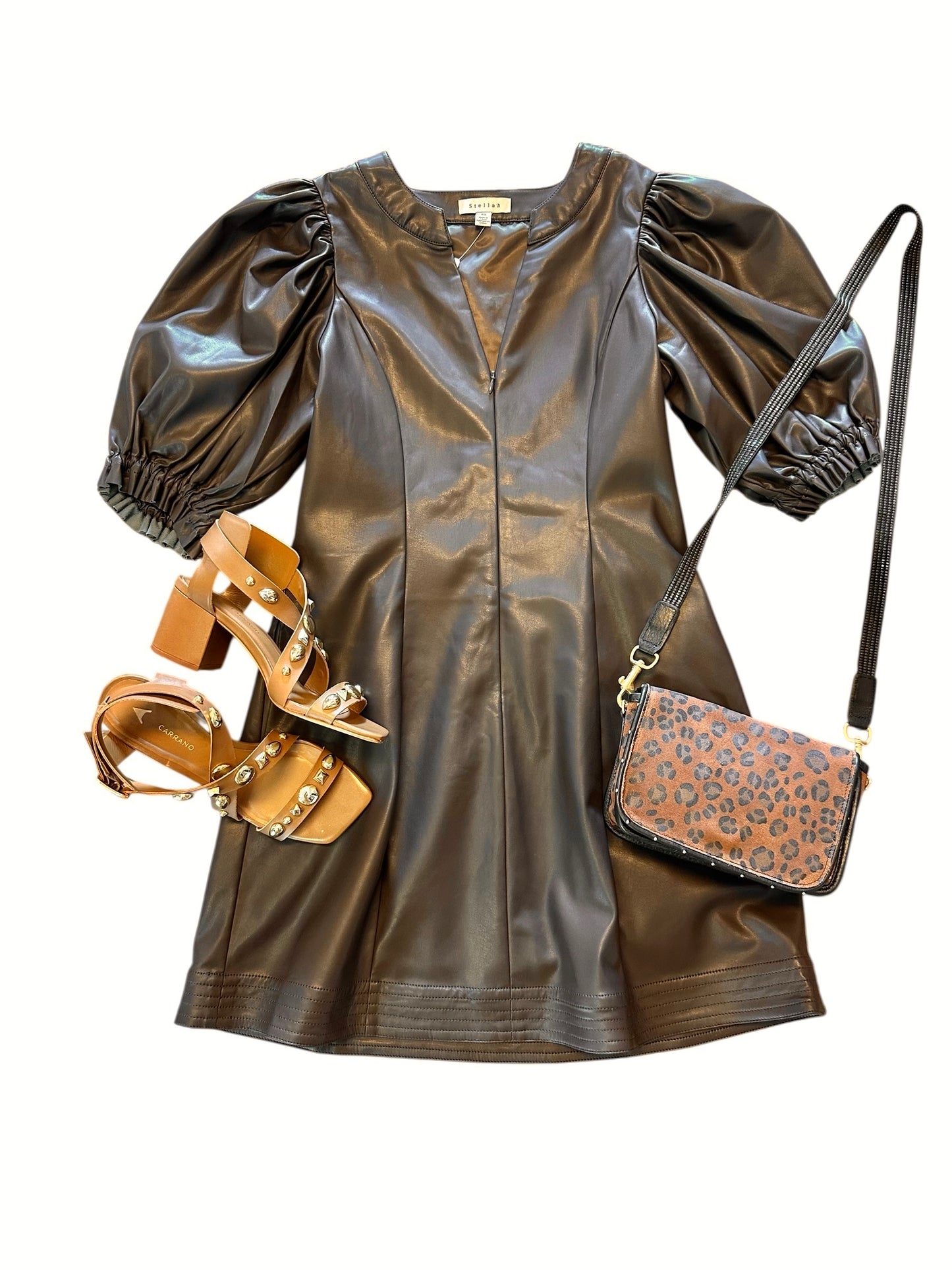 Vegan Leather Split Neck Puff Sleeve Dress in chocolate by Stellah