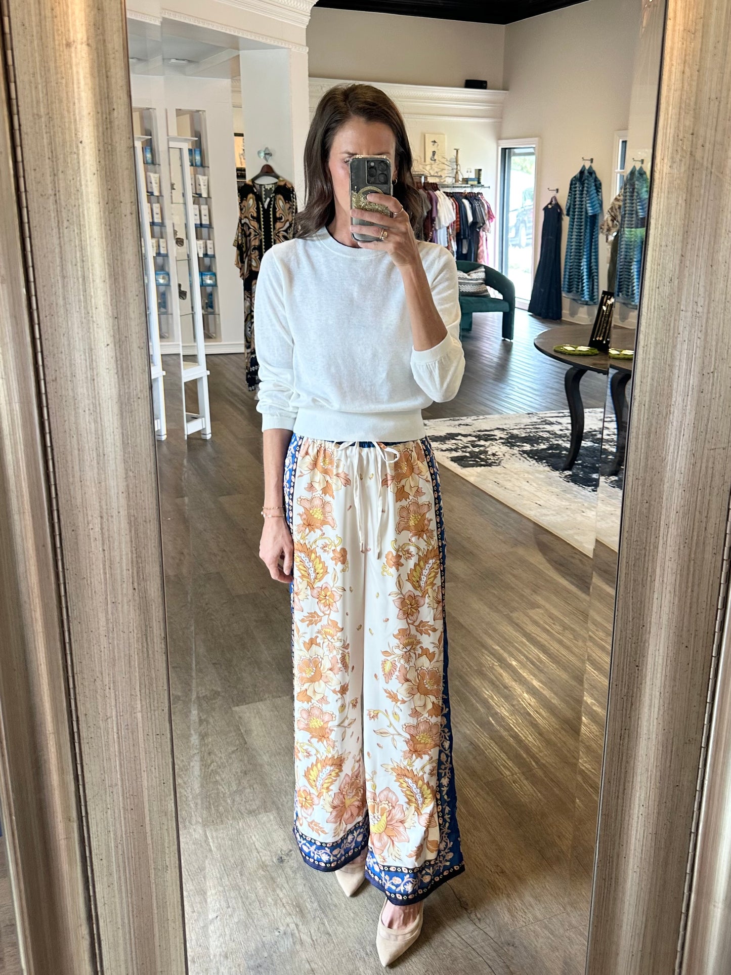 Silky Drawstring Print Pant in ivory by Skies are Blue