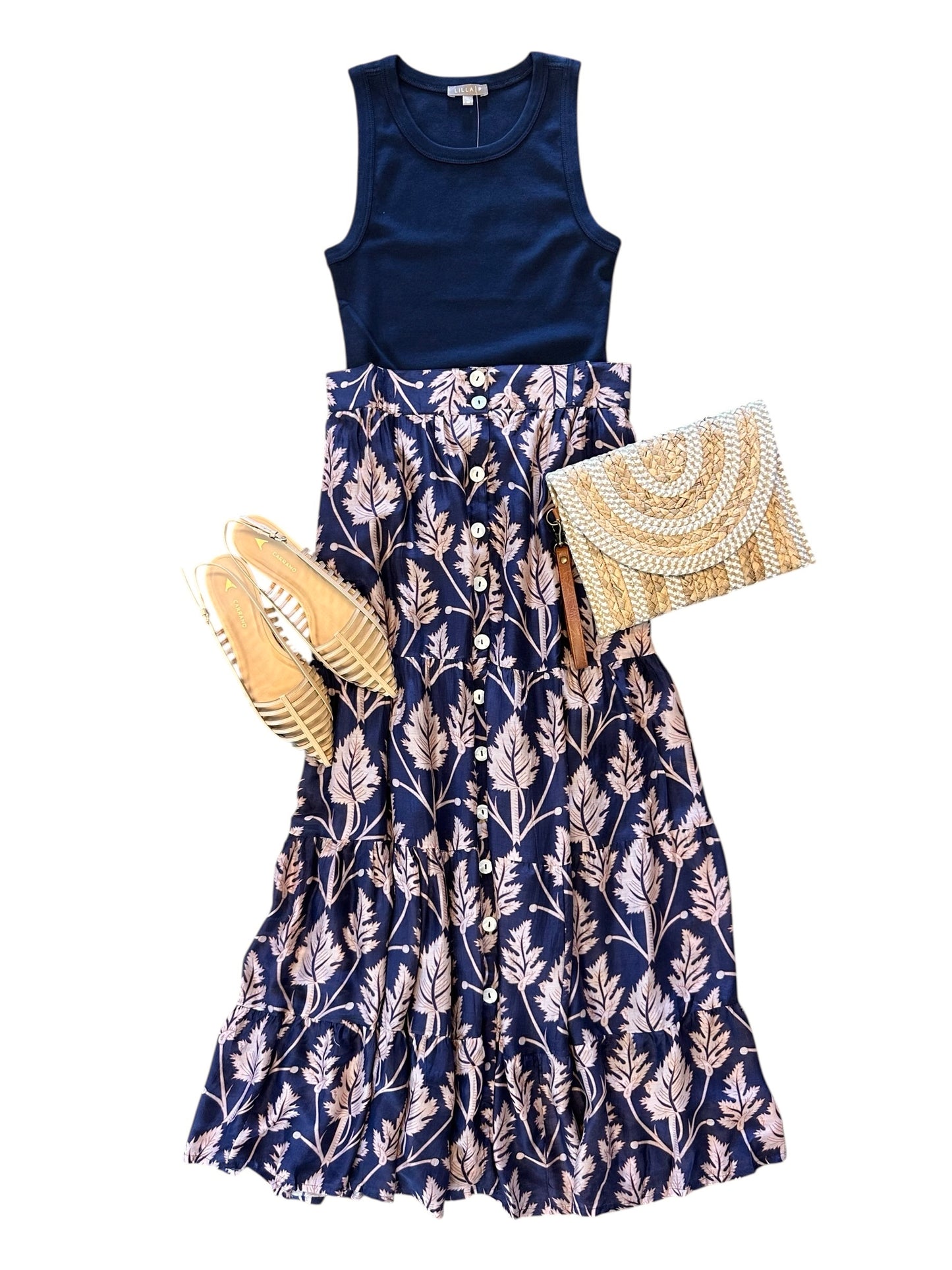 Promenade Maxi Skirt in navy leaves by La Plage