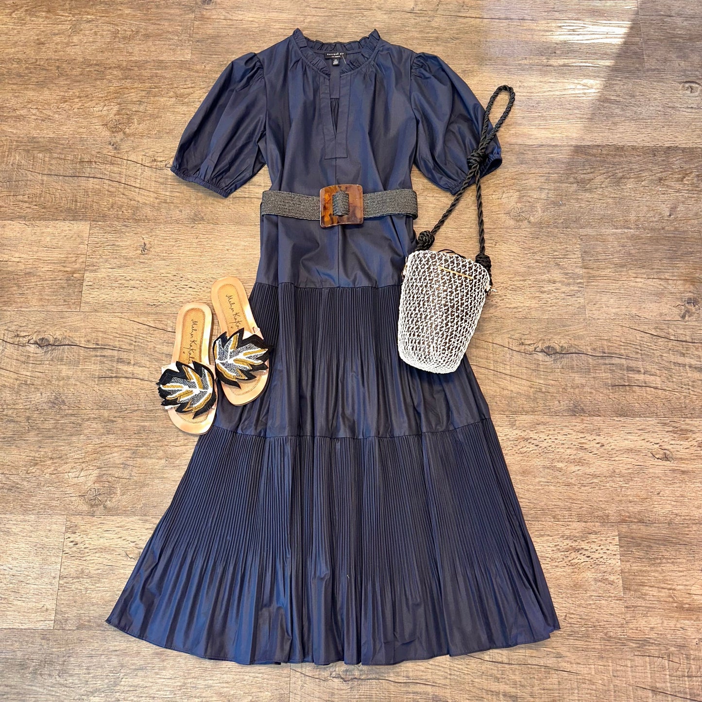 Square Lucite Buckle Straw Belt in black