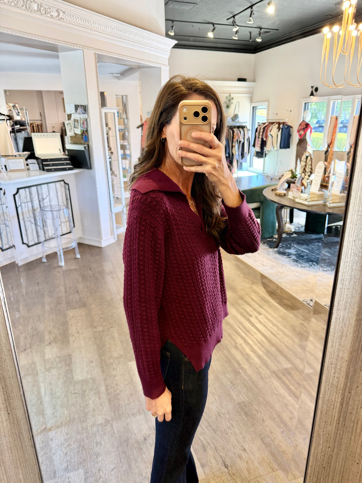 Open Collar Pullover Cable Knit Sweater in cherry lacquer by Current Air