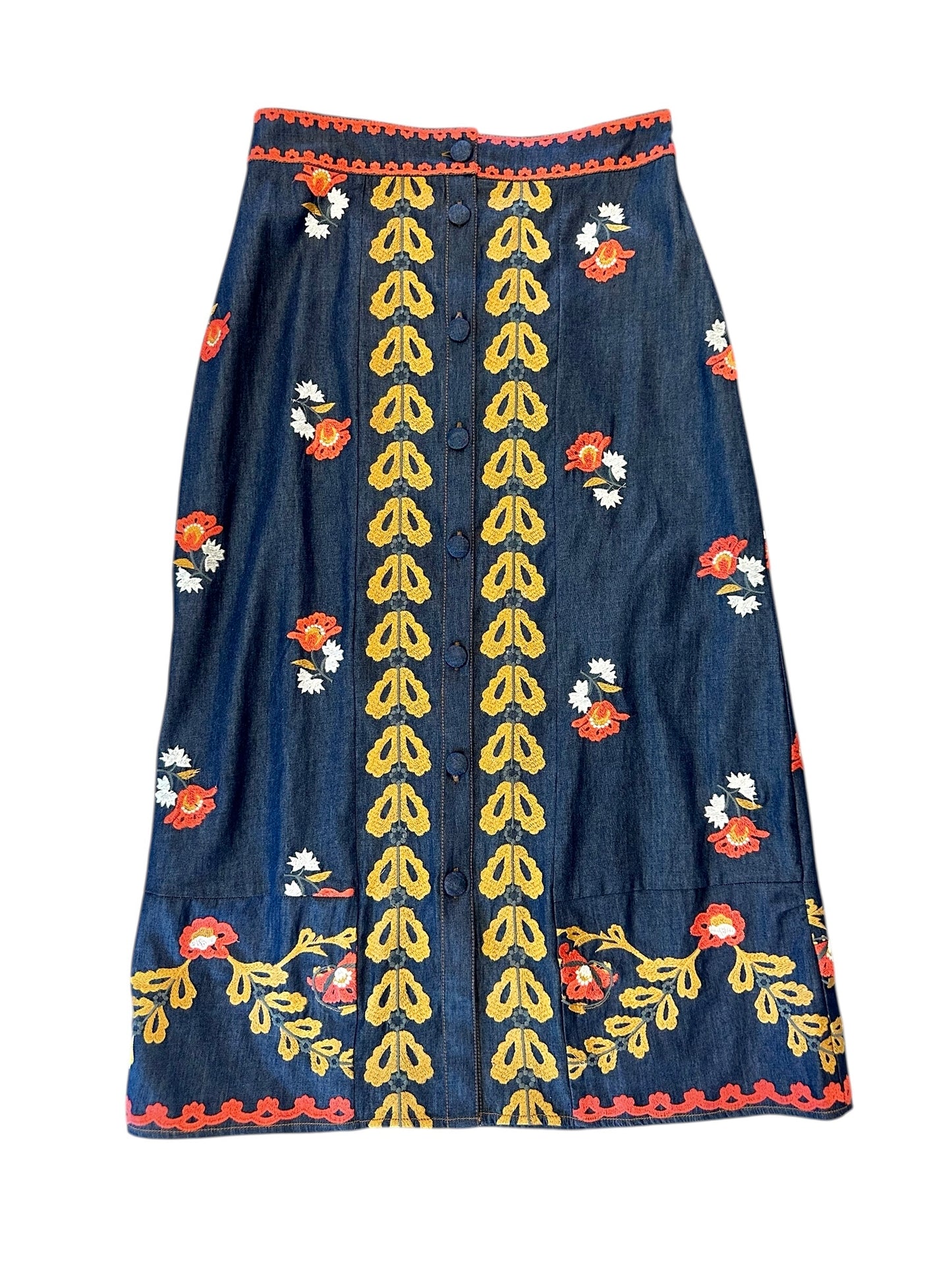 Frannie Embroidered Midi Skirt in denim by Elizabeth James