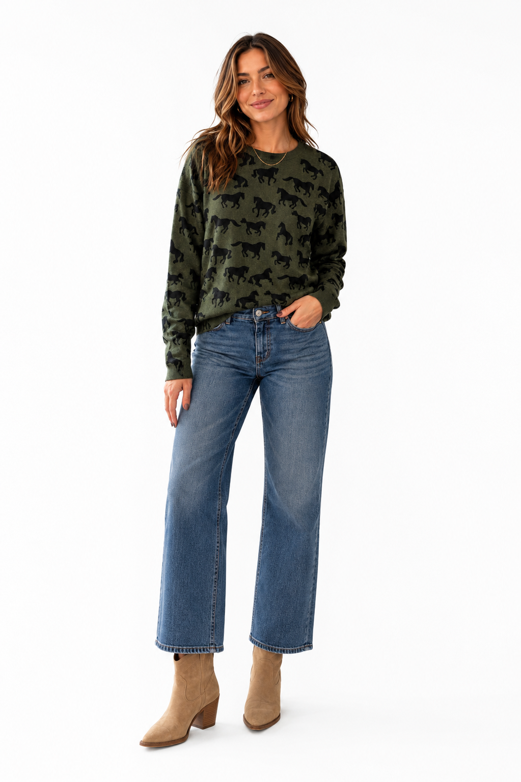 Horse Print Sweater in military by J.Society