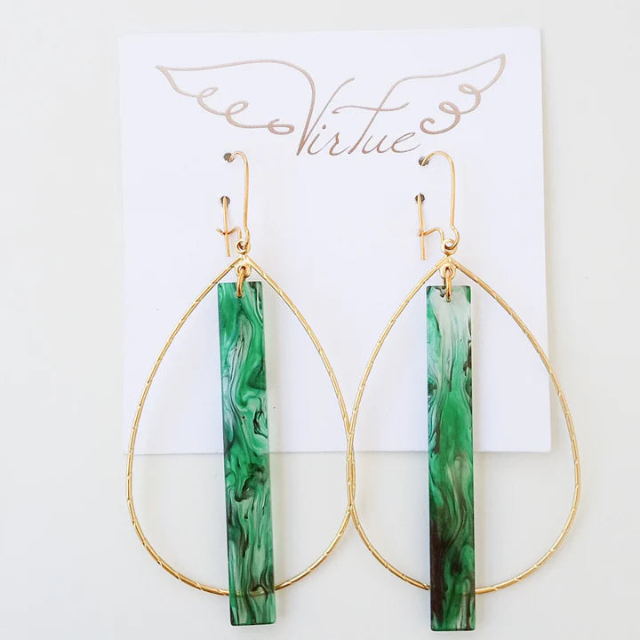 Acrylic Bar on Double Bale Hoop Earring in green marble by Virtue