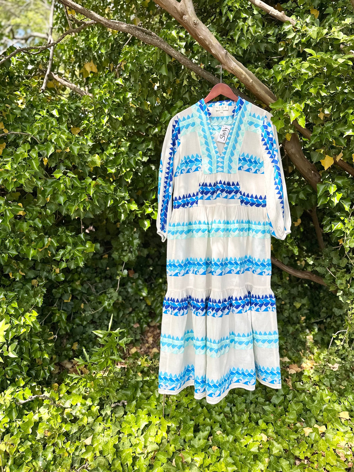 Long Sleeve Embroidered Maxi Dress in blue/white by Nema