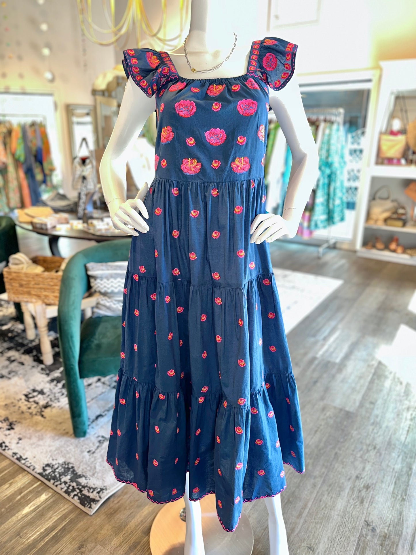 Jasmine Maxi Dress in navy/roses embroidered by Nimo