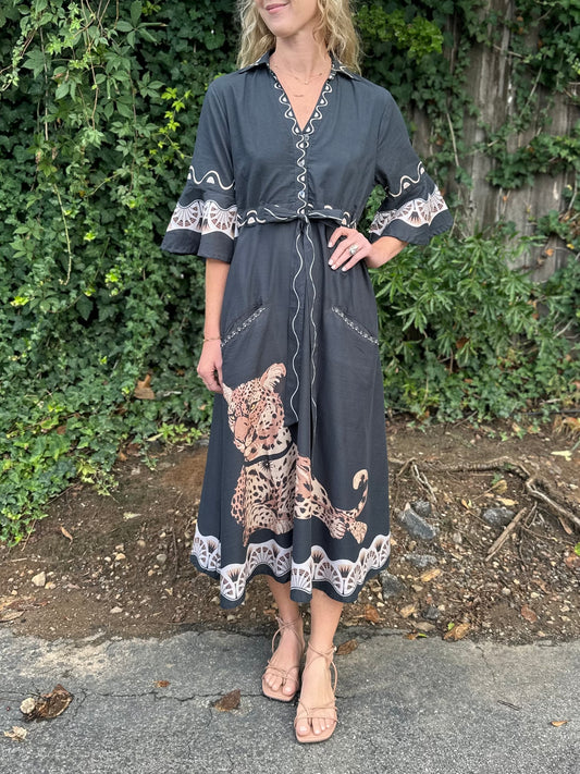 Cape Midi Dress in cheetah black by Isla Payal