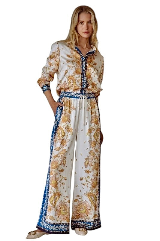 Silky Drawstring Print Pant in ivory by Skies are Blue