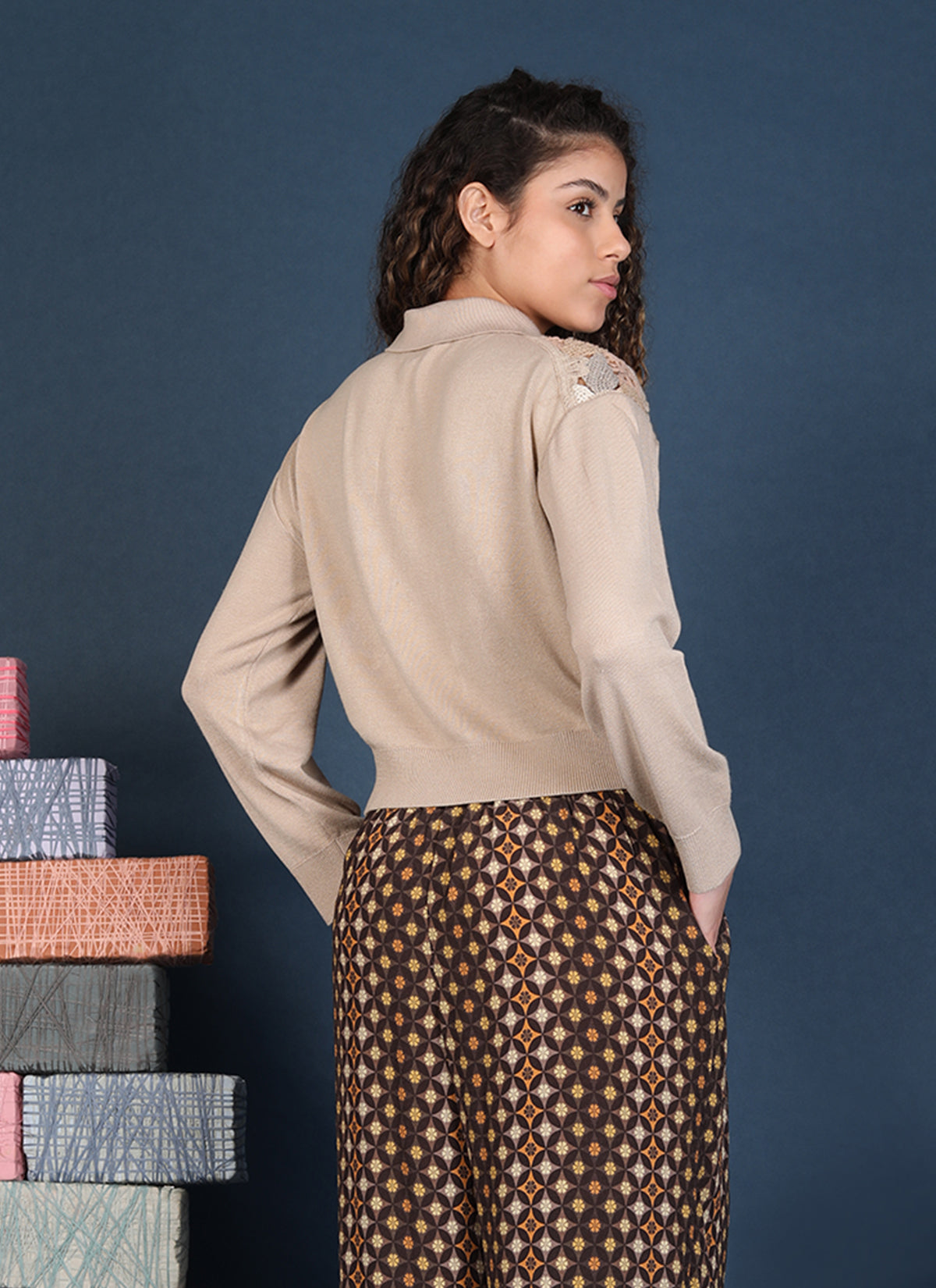 Galicia Lace Front Cardigan in beige by Conditions Apply