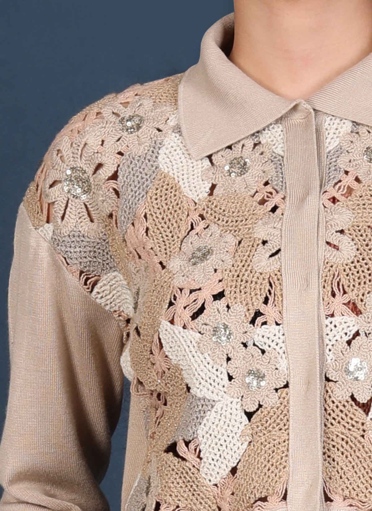 Galicia Lace Front Cardigan in beige by Conditions Apply