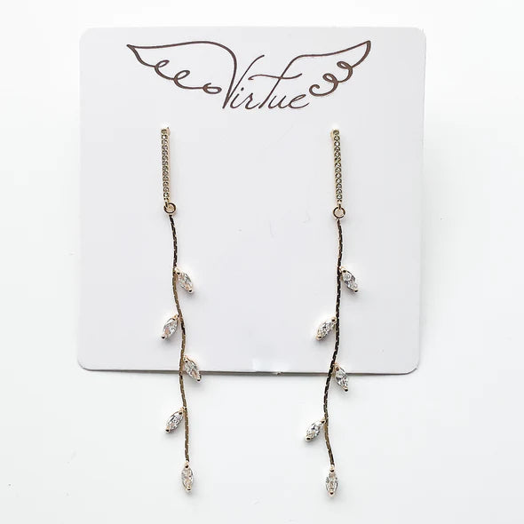 Pave Bar Post Rhinestone Vine Leaf Earring in gold by Virtue