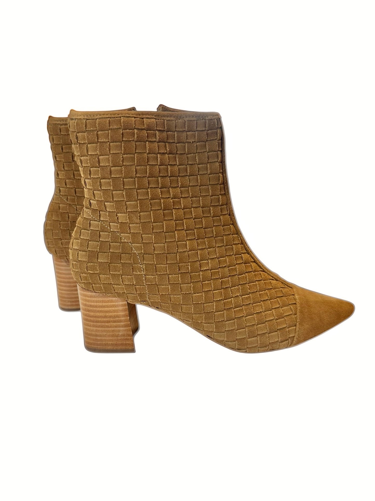 Henrietta Woven Suede Bootie in caramel by Bruno Menegatti