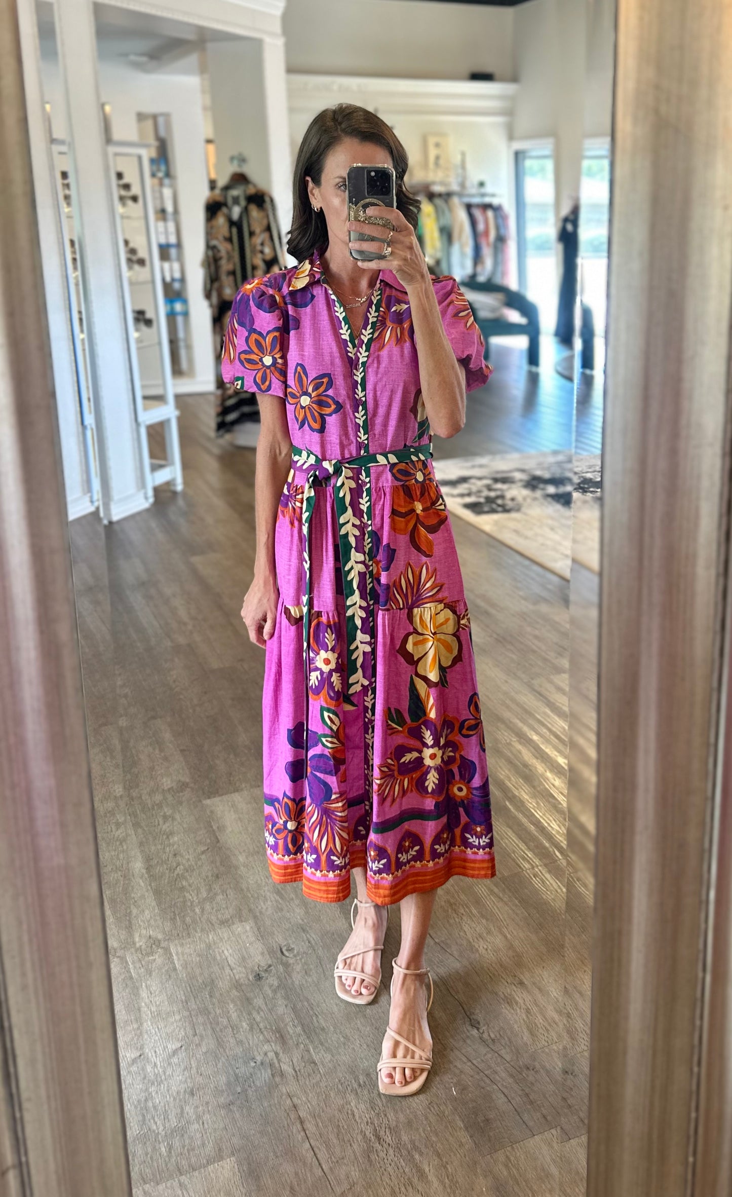 Delia Printed Maxi Dress in mauve blossoms by Maude Vivante