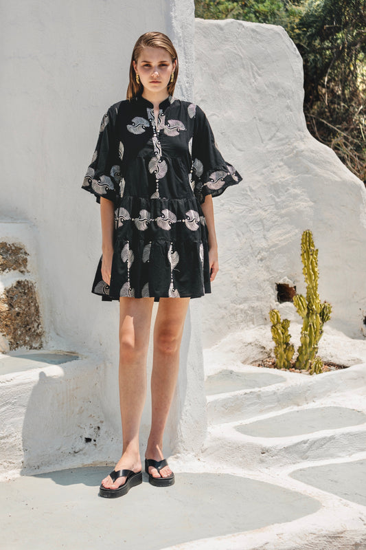 Embroidered Tiered Dress in black by Nema