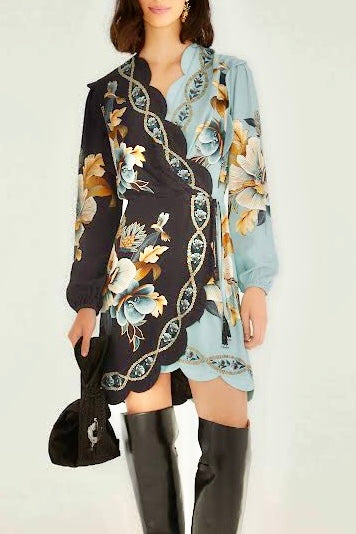 Snake Garden Mix Wrap Wavy Mini Dress in black/white by Farm Rio