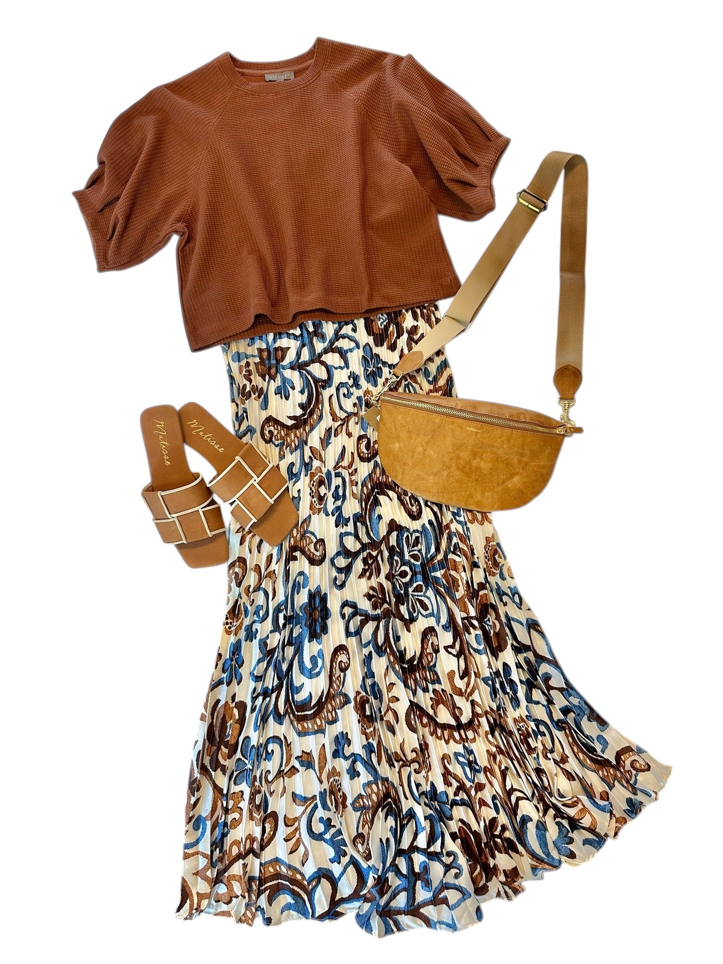 Pleated Sleeve Waffle Top in praline by Lilla P