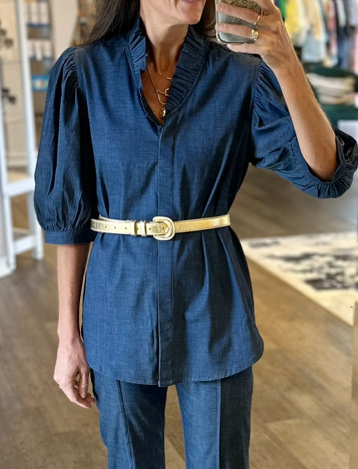 Laura Ruffle Front Top in stretch denim by Holly Shae