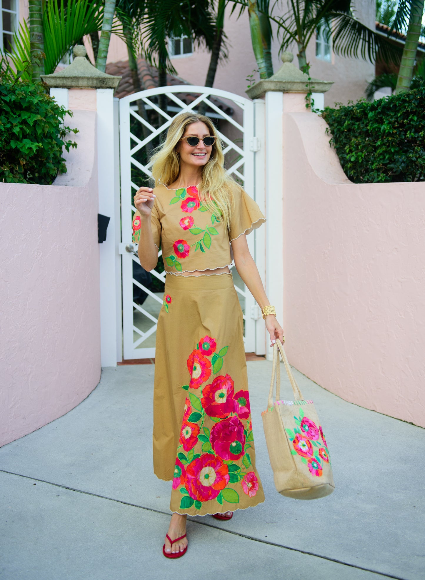 Elizabeth James beige spring top with embroidered floral detailing