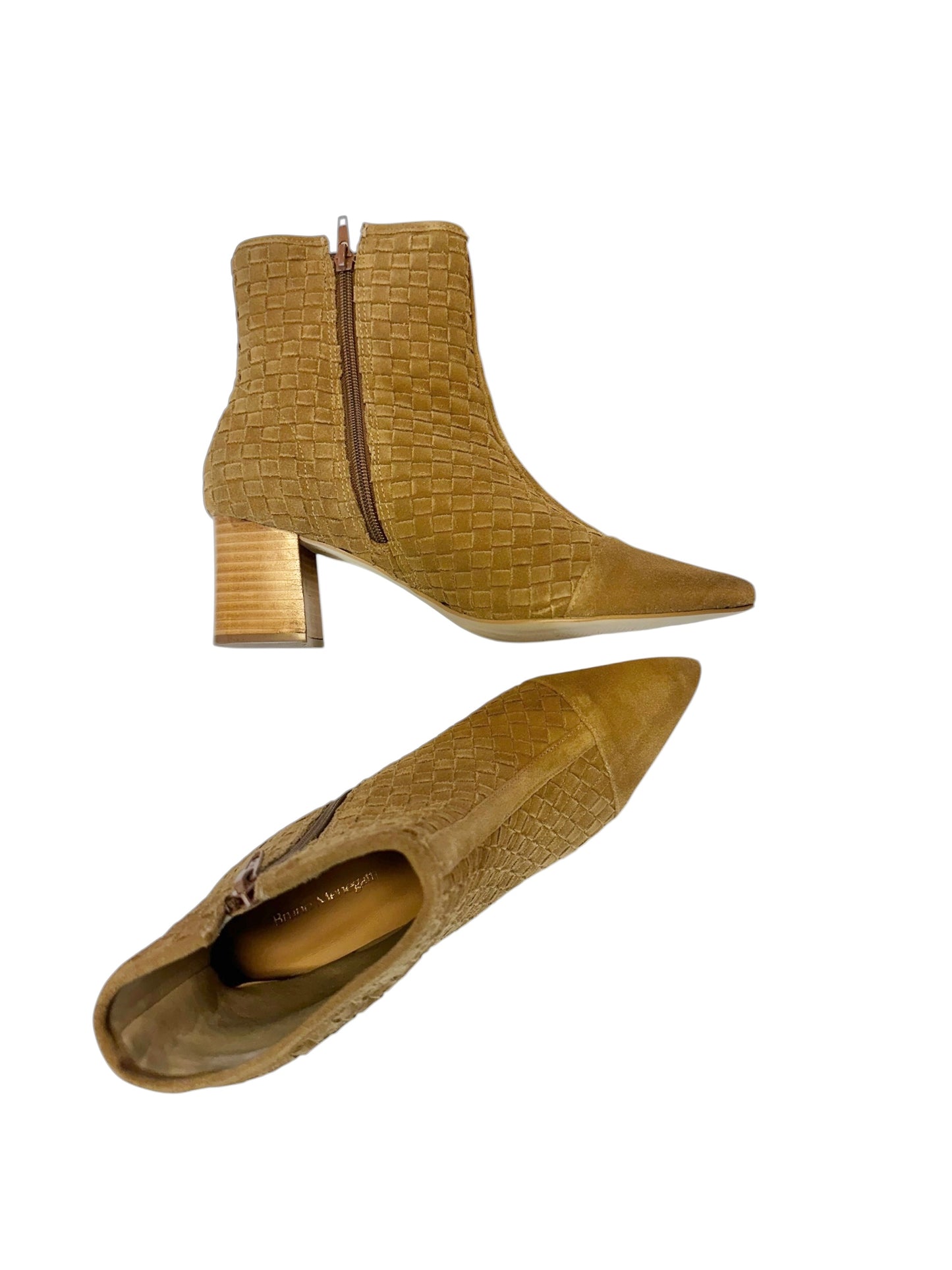 Henrietta Woven Suede Bootie in caramel by Bruno Menegatti