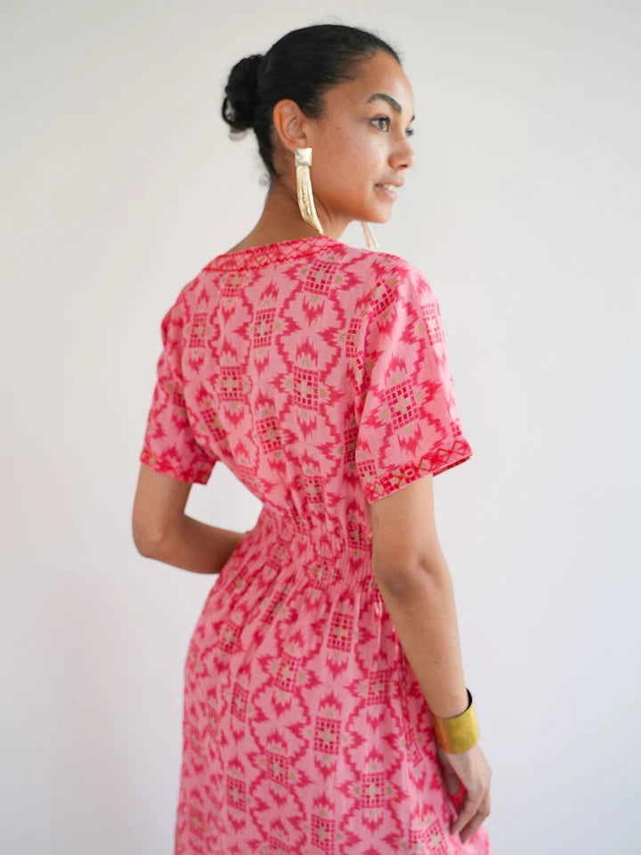 Verbena Linen Maxi Dress in coral ikat by Nimo