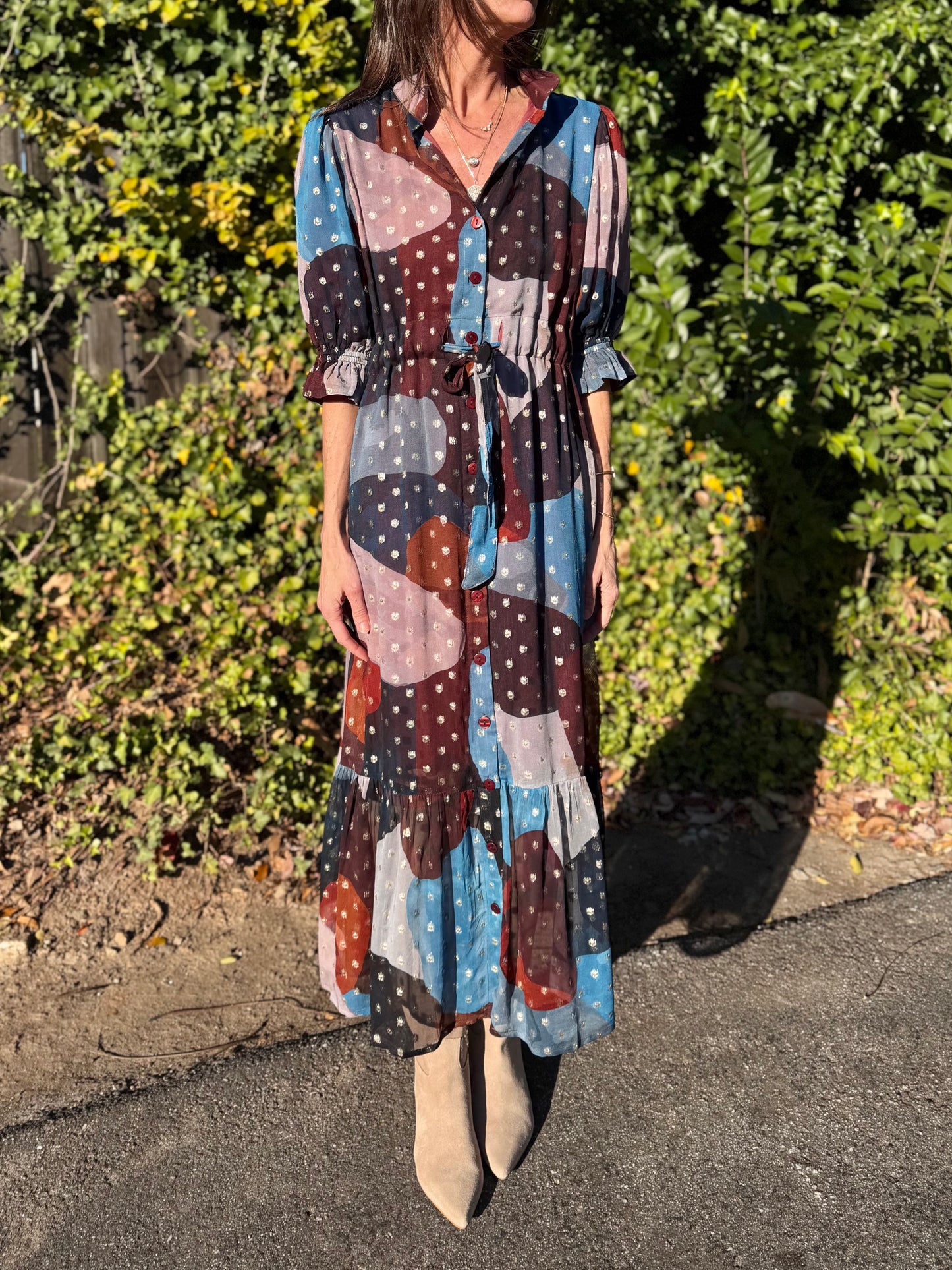 Catherine Shirt Dress in abstract lurex by Holly Shae