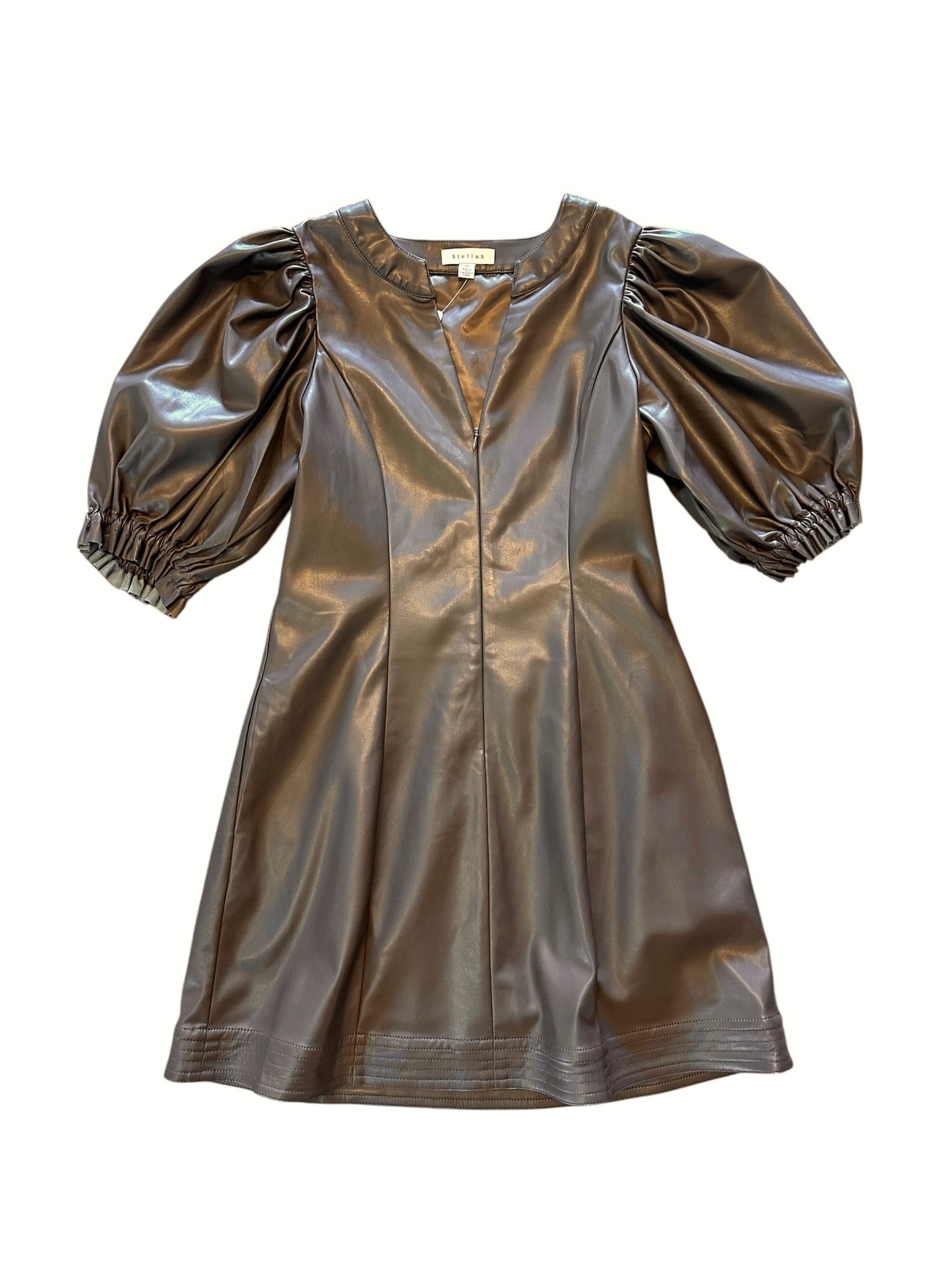 Vegan Leather Split Neck Puff Sleeve Dress in chocolate by Stellah