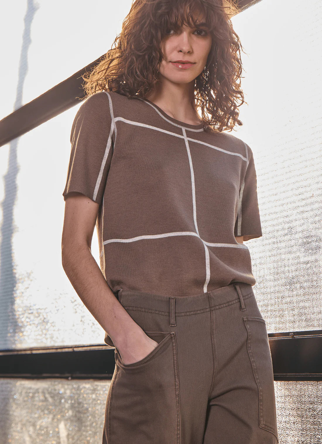 Odessa Reversible Knit Short Sleeve Tee in light grey melange/subtle green by Lysse