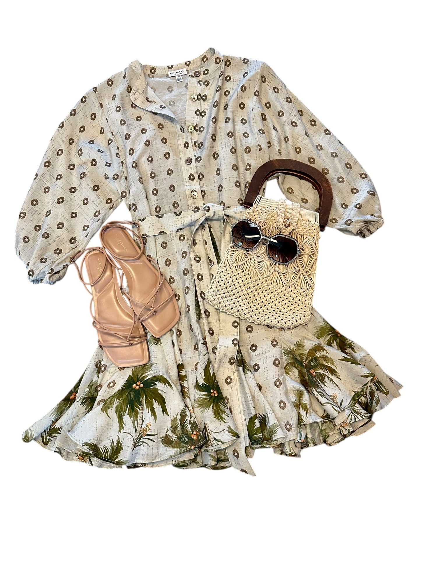 Printed Swing Dress with Coordinating Sash in sand by Current Air