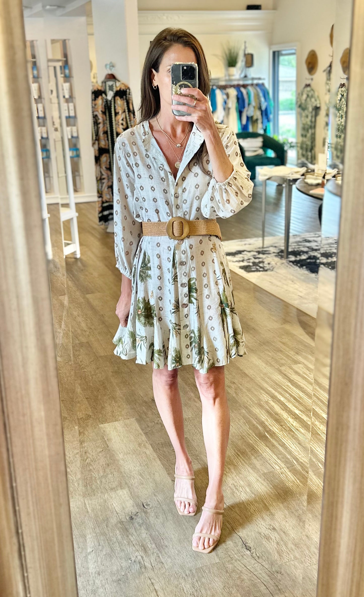 Printed Swing Dress with Coordinating Sash in sand by Current Air
