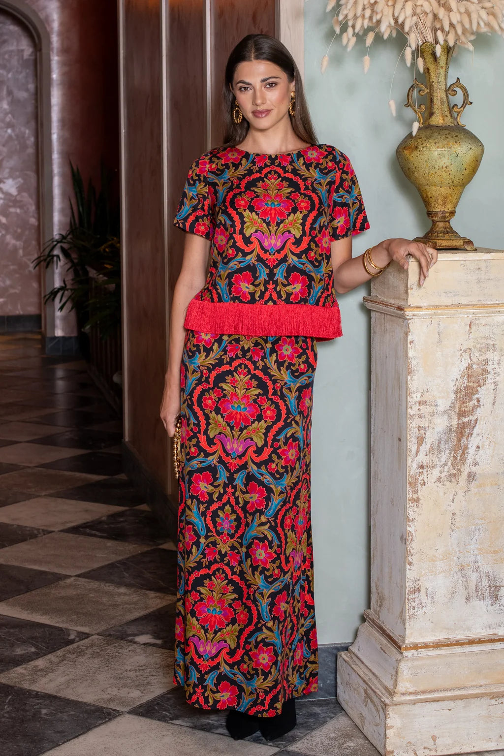 Tess Tee with Tassels in damask by Elizabeth James