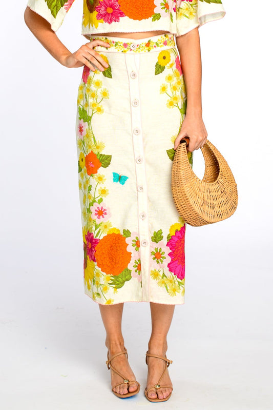 Frannie Printed Midi Skirt in wildflower ivory by Elizabeth James