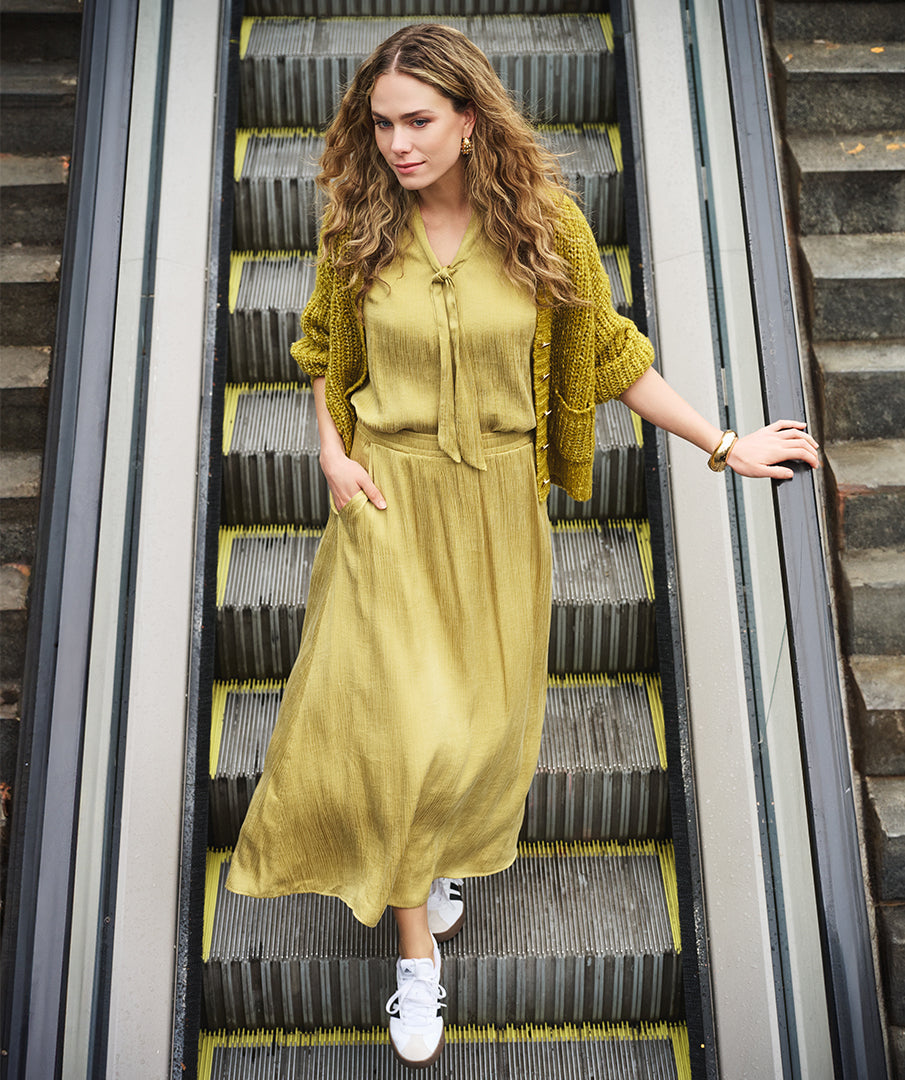 Long Cupro Crinkle Skirt in golden olive by Esqualo