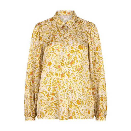Long Sleeve Button Up Cheerful Printed Blouse in mustard by Esqualo