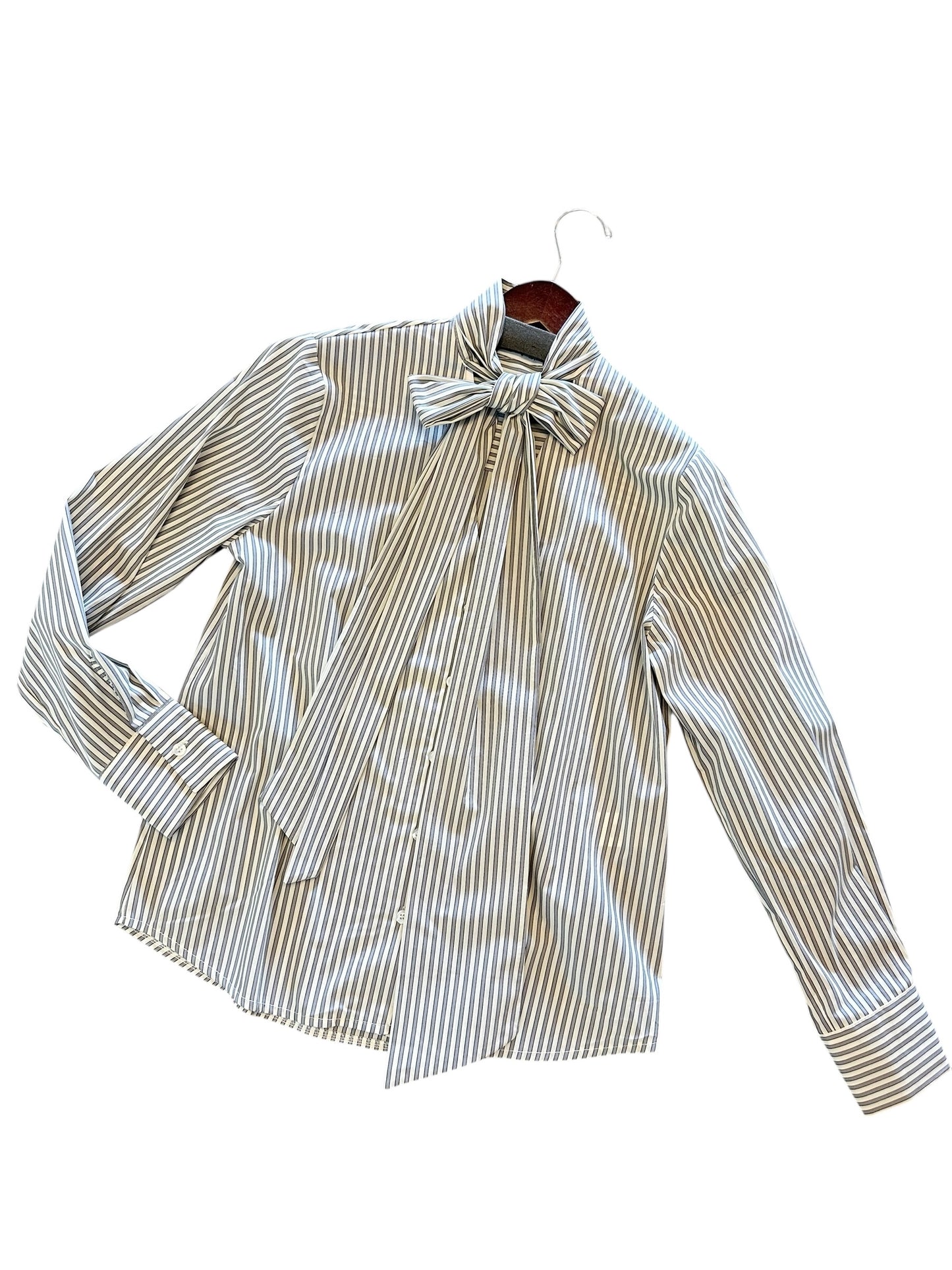Stripe Neck Tie Blouse in grey by B-YU