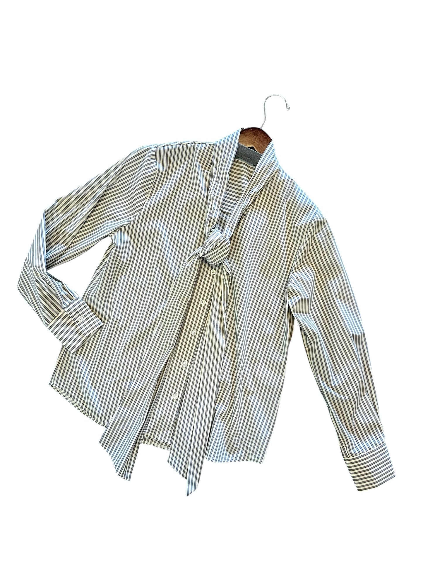 Stripe Neck Tie Blouse in grey by B-YU