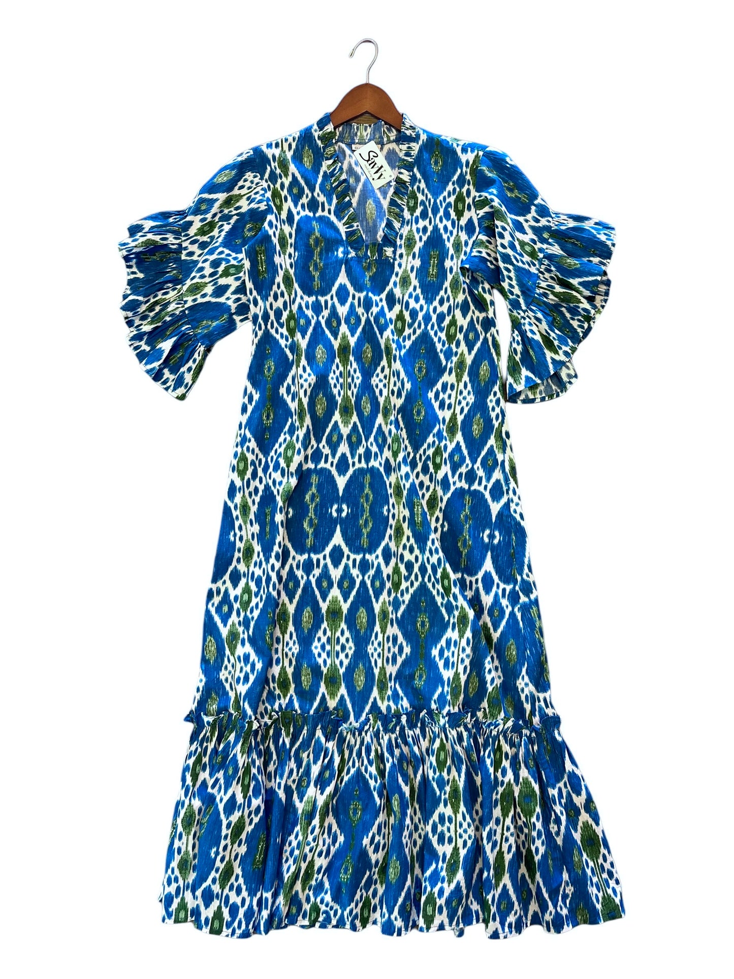 Soleil Flutter Sleeve Maxi Dress in turquoise ikat by Fitzroy & Willa