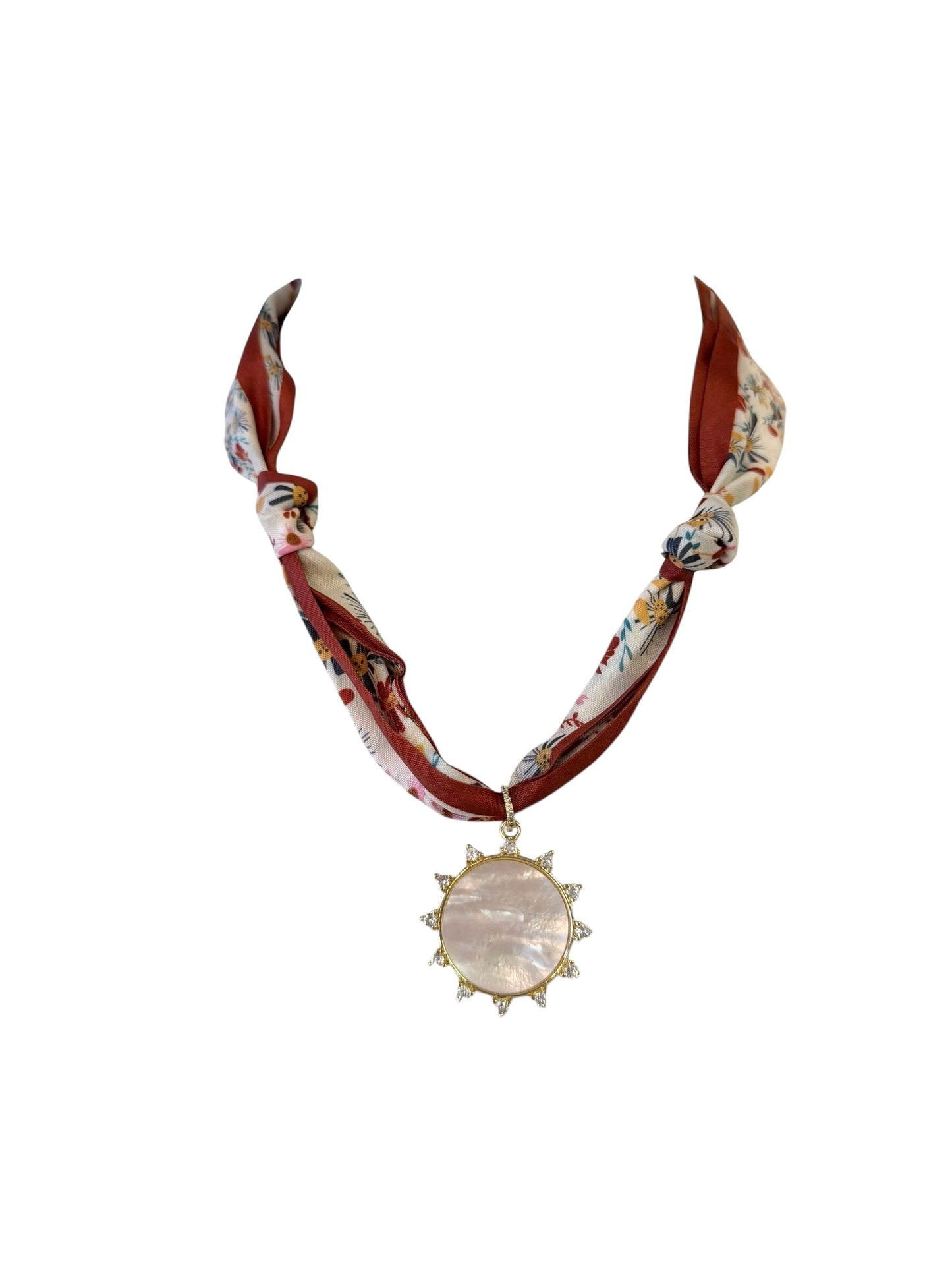 Gemstone Sun Pendant on Scarf Necklace in floral by Virtue