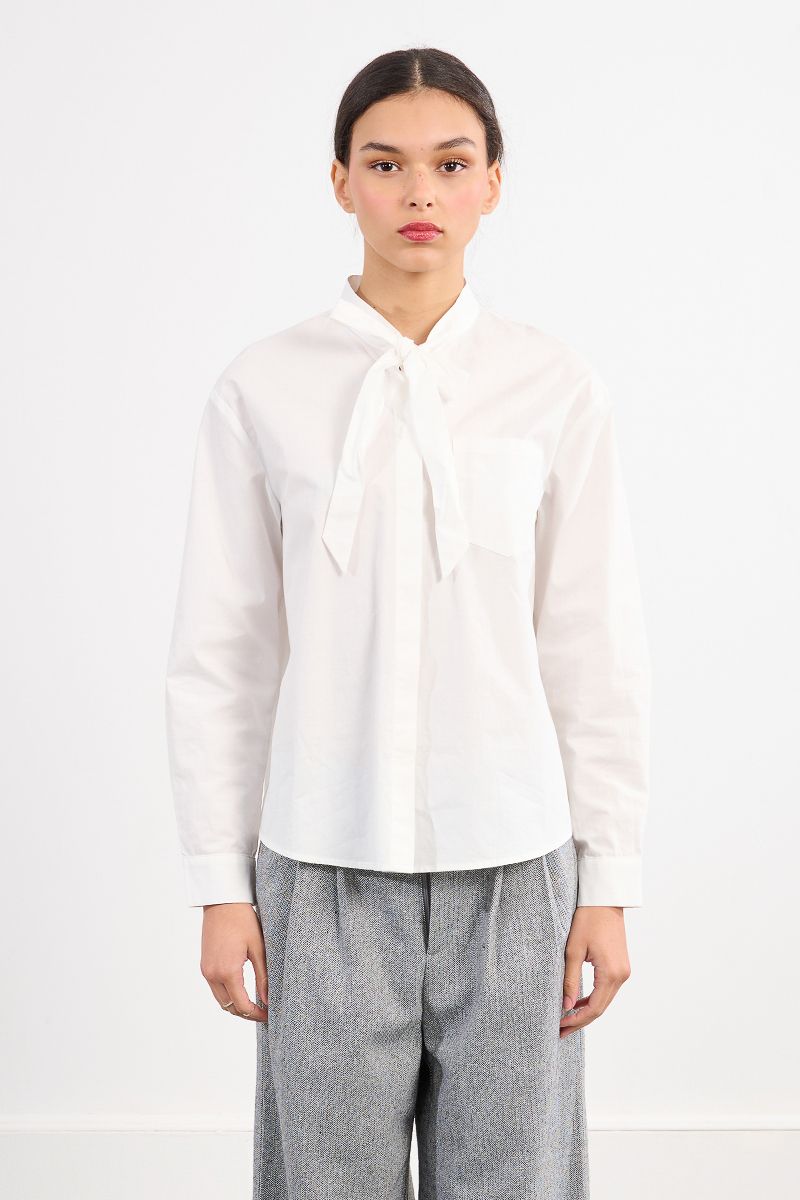 Long Sleeve Button Up Blouse with Bow Detail in white by Molly Bracken