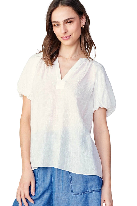 Short Sleeve Slit Neck Blouse in white by Current Air