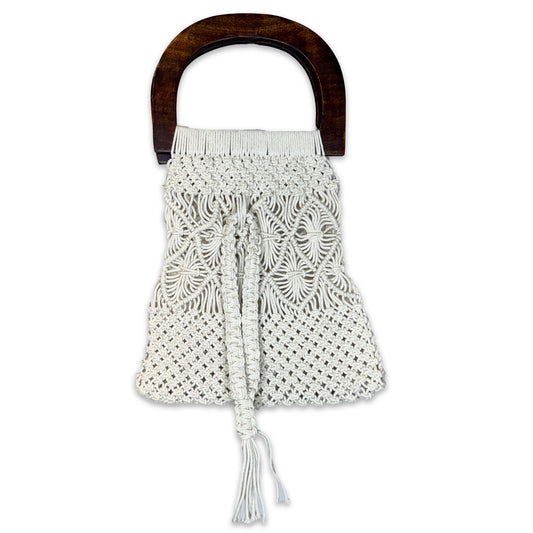 Coco Bag – Cotton Macrame Handbag with Dark Wood Handle