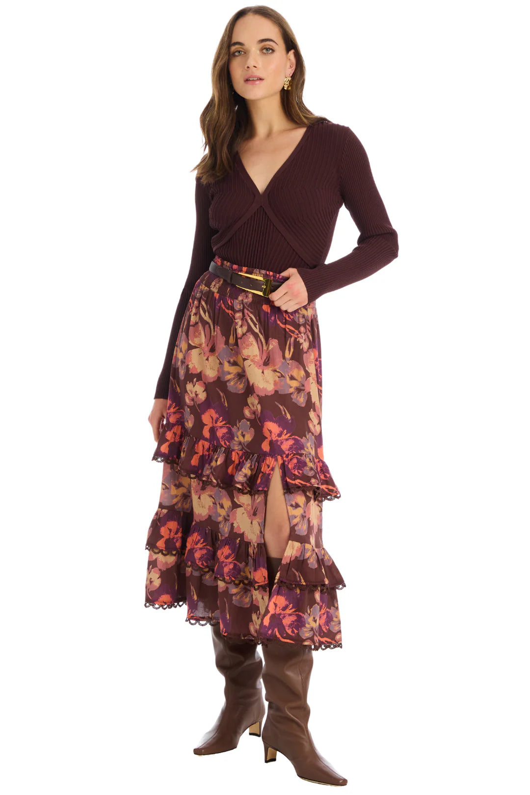 Georgia Midi Skirt in brown floral by Allison