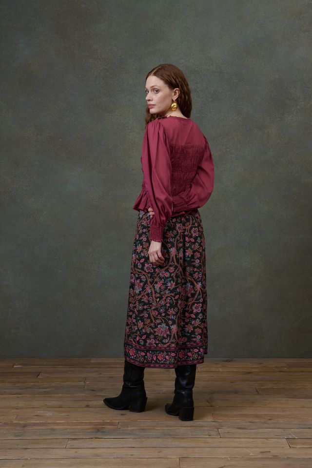 Isa Printed Slip Skirt in black bluebell grove by Louise Misha