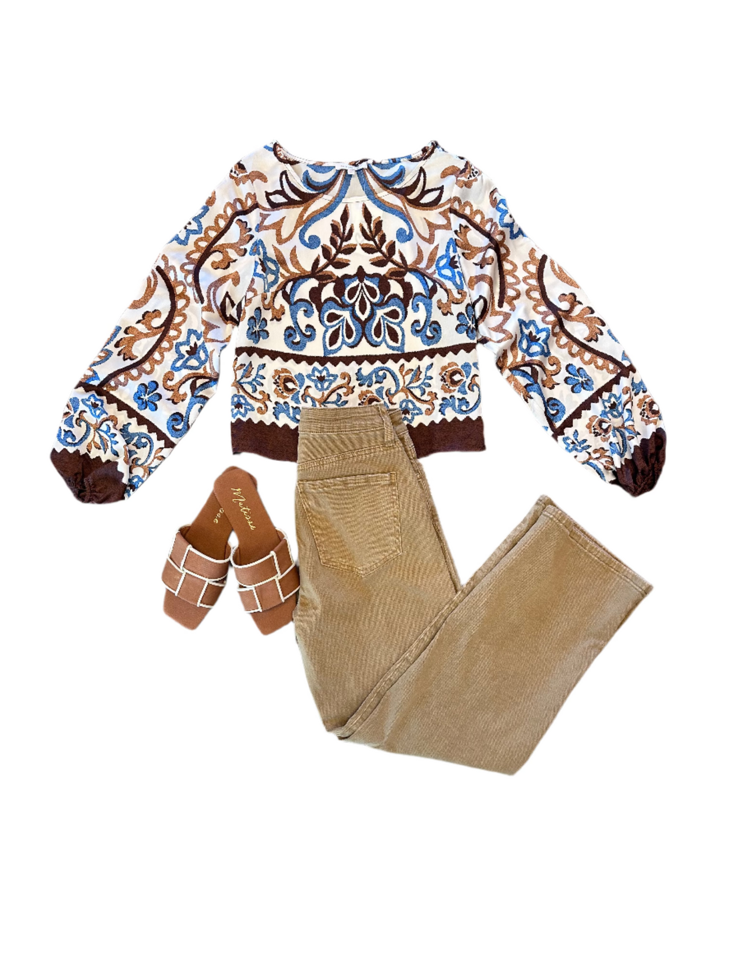 Long Sleeve Printed Blouse in ivory/brown/blue by Skies are Blue