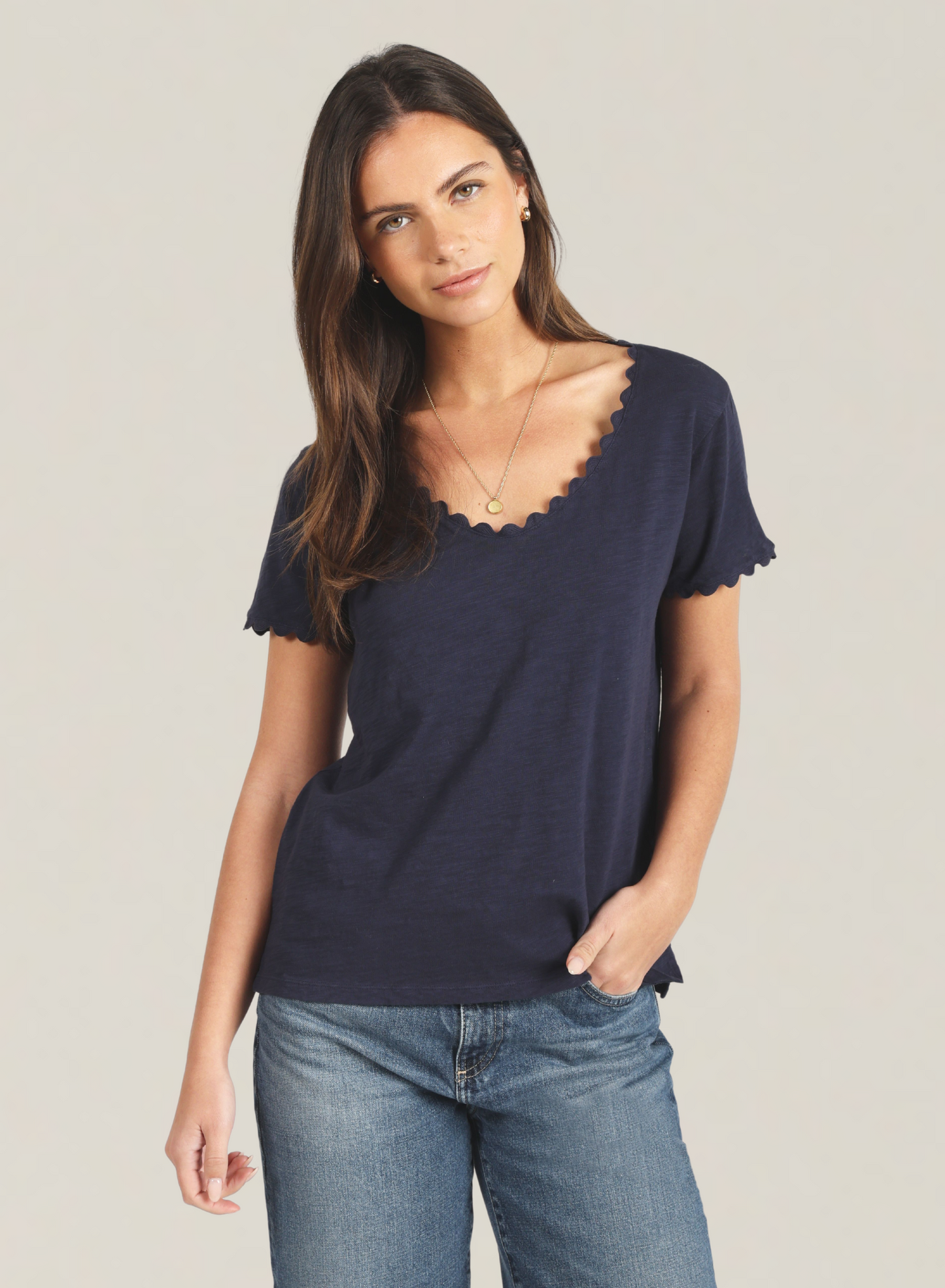 Cotton Slub Tee with Ric Rac Detail in navy by Dylan