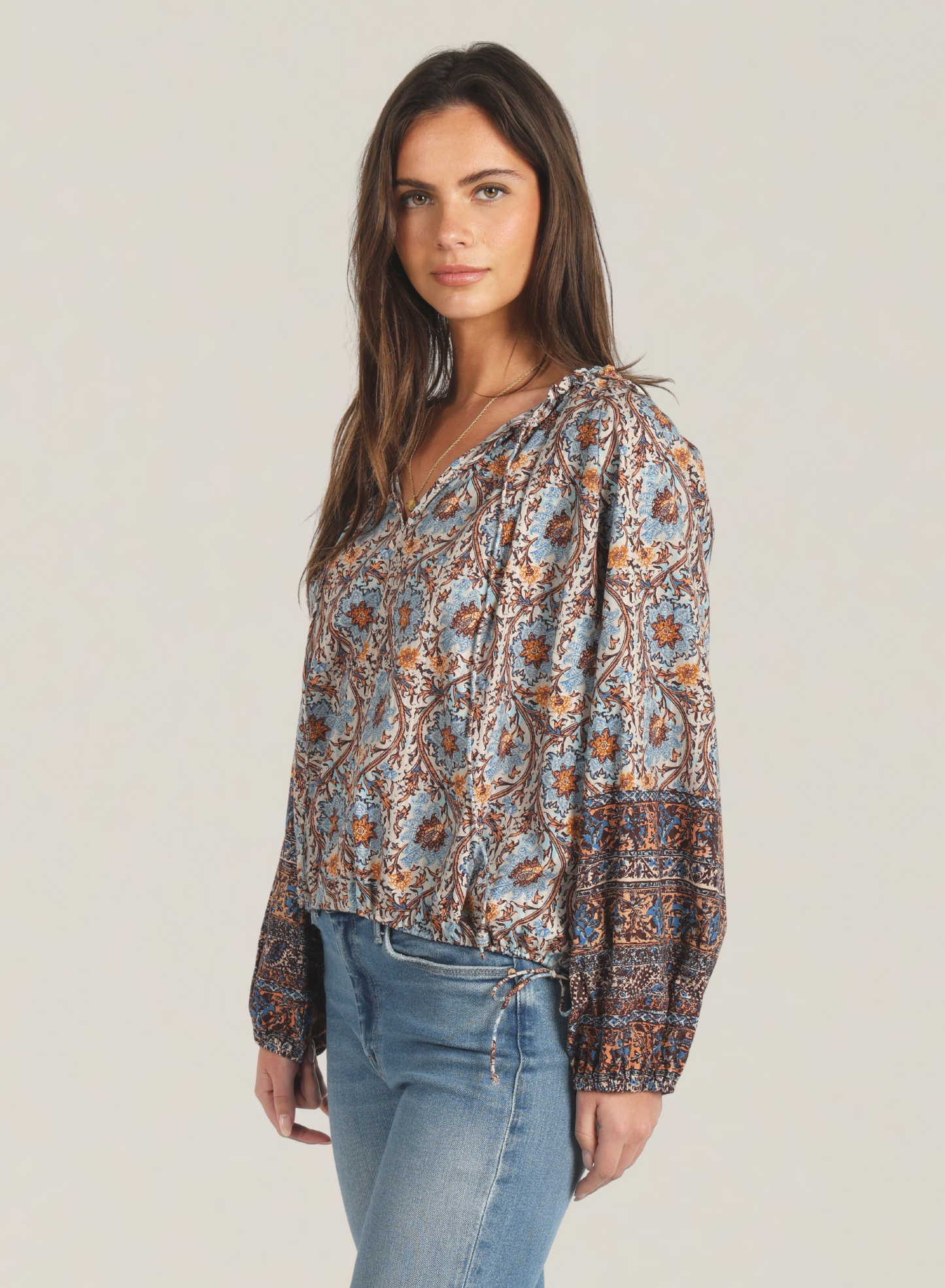 Talia Printed Long Sleeve Blouse in denim/brown by Dylan
